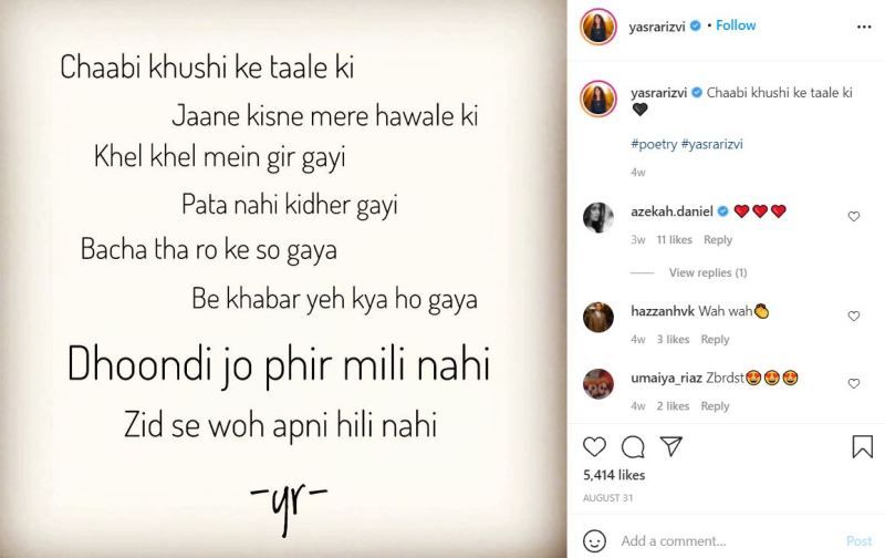 Yasra Rizvi's Instagram post