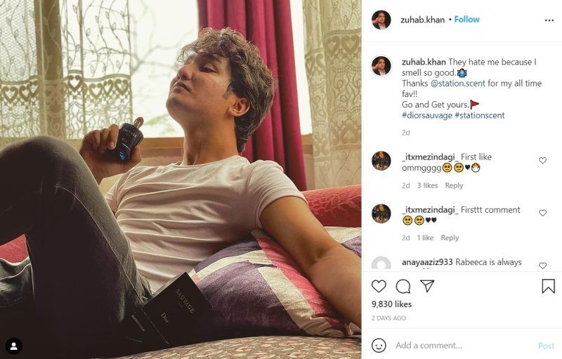 Zuhab Khan promoting a perfumr brand via an Instagram post
