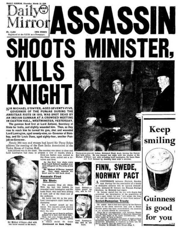 A 1940 newspaper reporting the killing of O’Dwyer by Udham Singh