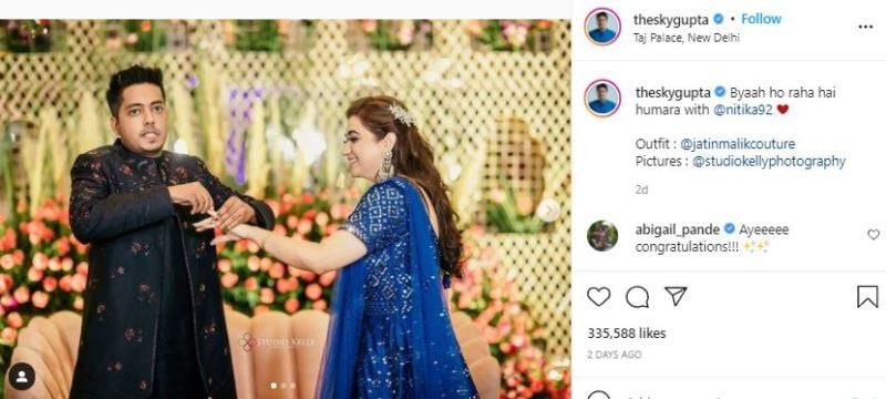 Aakash Gupta's Instagram post about his marriage