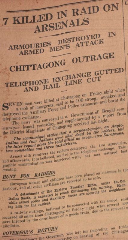 A snip of a newspaper article soon after the Chittagong Armoury Raid