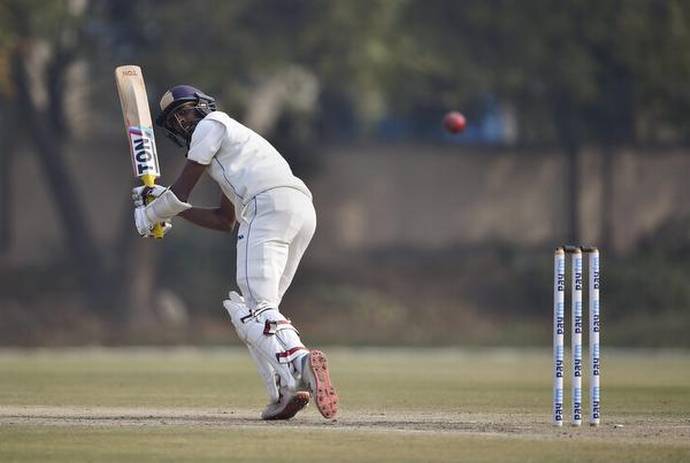 Abhimanyu Easwaran playing a shot for his inning of 103 runs against South Africa 'A' on 25 November 2021