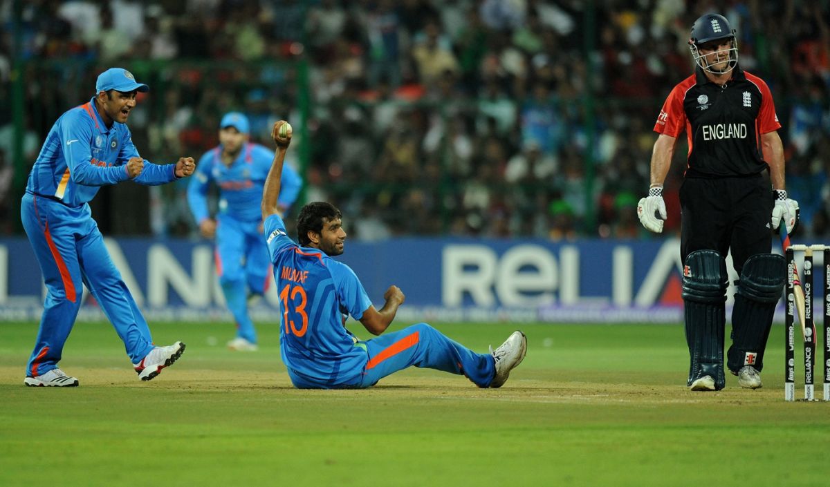 Munaf Patel taking a return catch of his own bowling during a match against England in 2011 World Cup