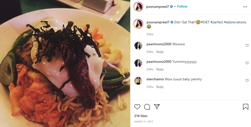 Poonam`s Instagram post about her eating habits