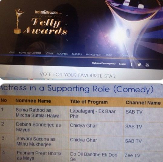 Poonam`s name in nomination for Indian Telly Awards 2014