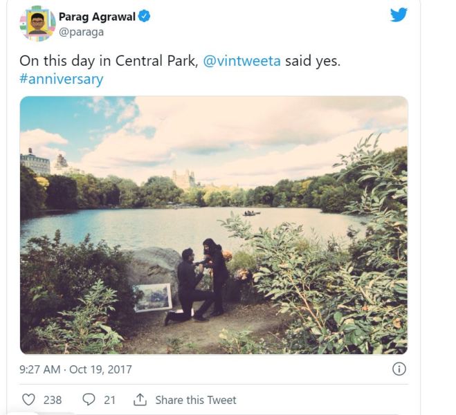 A post shared by Parag Agrawal on his Twitter account while proposing his wife Vineeta Agrawal