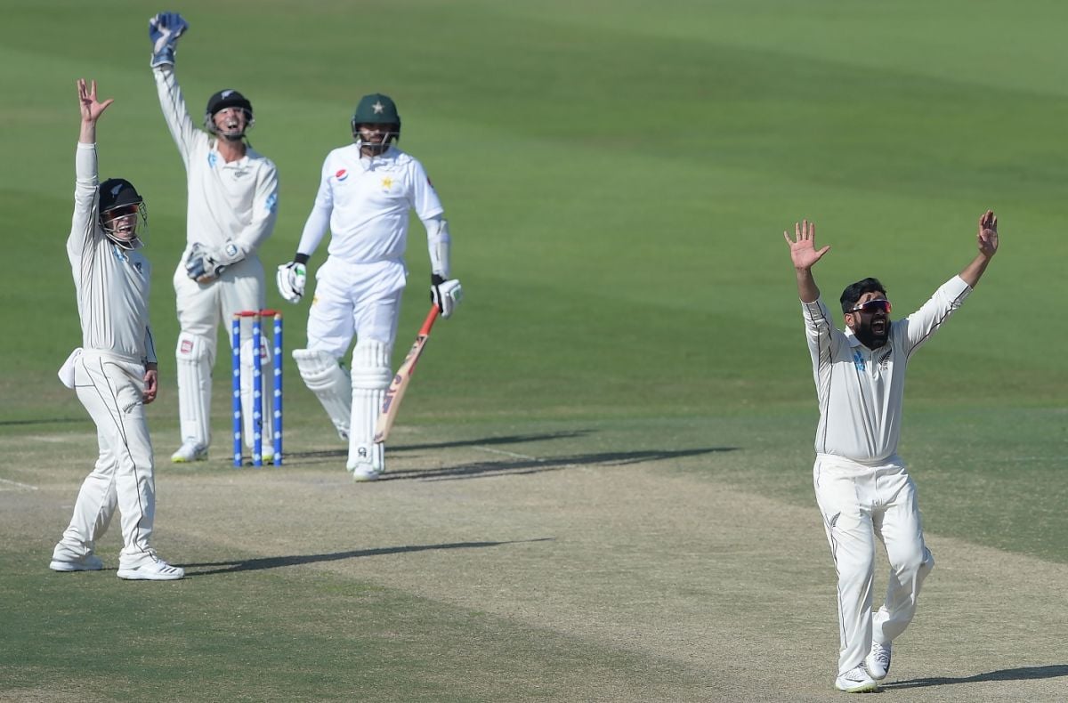 Ajaz Patel appeals successfully against Azhar Ali during his debut test match at Abu Dhabi in November 2018