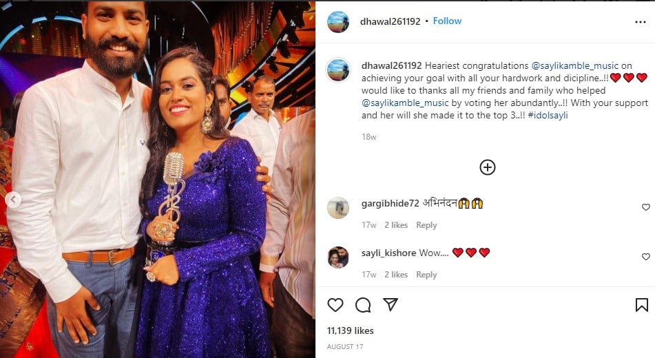 Dhawal's Instagram post about Sayli reaching Top 3