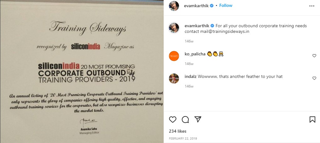 Karthik`s Instagram post about receiving cerificate for his name in the 20 most promising corporate outbond training providers list