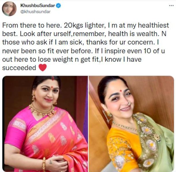 Khushbu Sundar's Tweet about her 20 kgs weight loss
