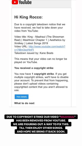 Kings's YouTube video copyright notification