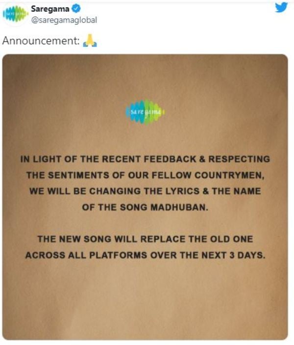 Music label Saregama's tweet about the controversial song 'Madhuban Mein Radhika Naace Re'