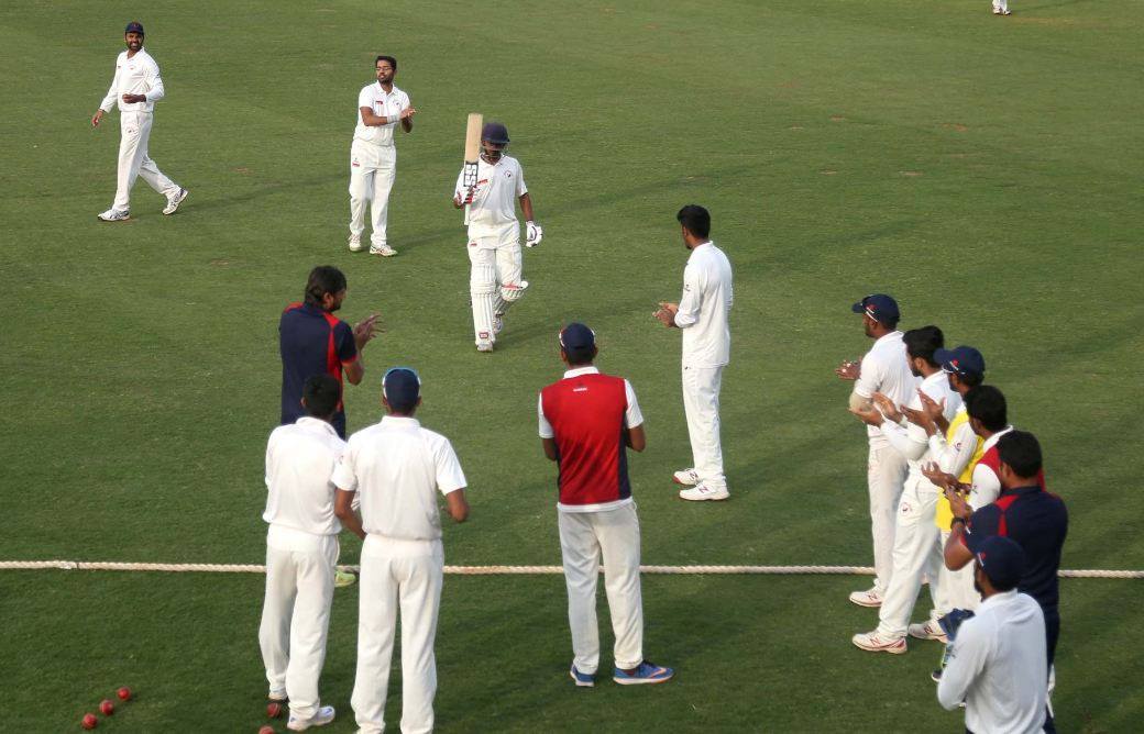 Priyank Panchal received a warm welcome from his teammates after scoring 314 runs against Punjab