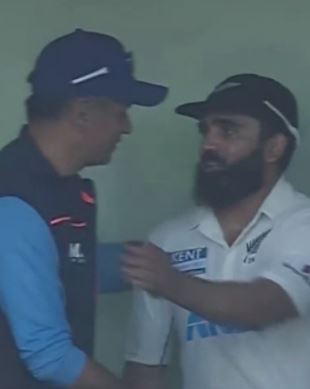 Rahul Dravid congratulating Ajaz Patel after taking ten wickets in an inning against India on 3 December 2021
