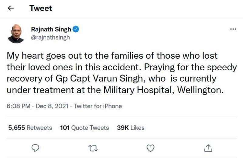 Rajnath Singh tweeted for recovery of Varun Singh