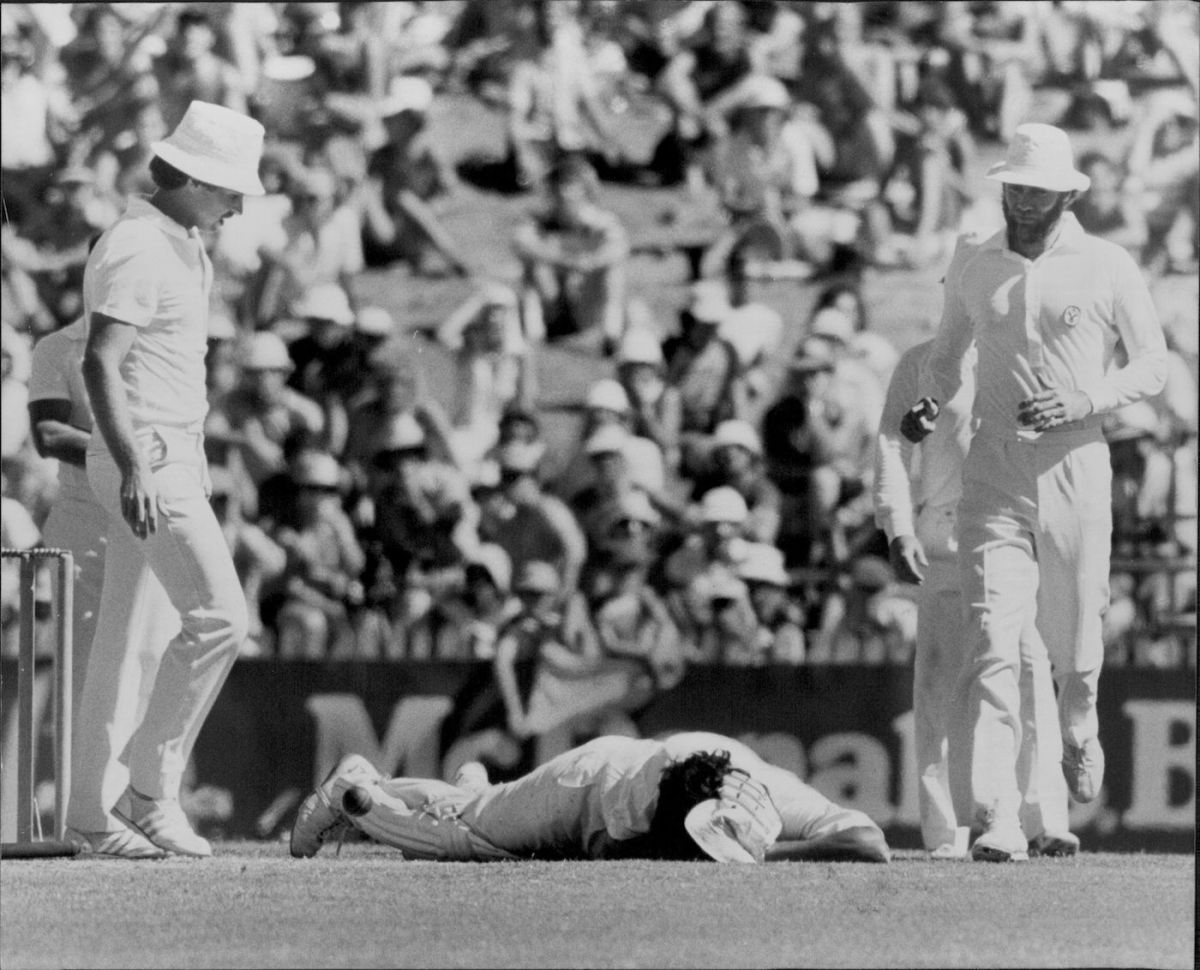Sandeep lying on the ground after Len Pascoe bouncer on 2 January 1981 in a match against Australia at Sydney