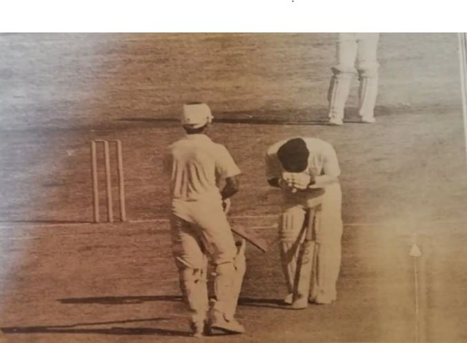 Sunil Gavaskar taking a bow in front of Srikkanth after he hit 4 fours in an over against Ashantha De Mel of Sri Lanka in mid 1980s