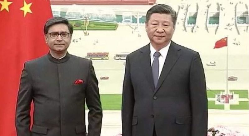 Vikram Misri while posing with China President Xi Jinping during an official meeting in 2020