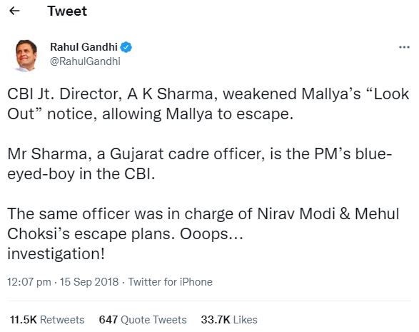 A snippet of Rahul Gandhi's tweet targeting A. K. Sharma