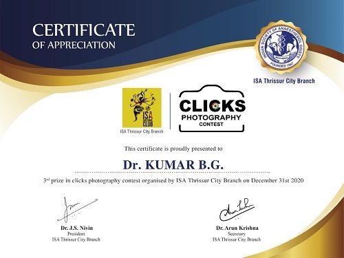 Dr Kumar B.G's certificate of appreciation