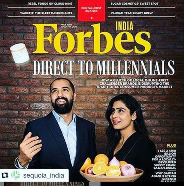 Ghazal Alagh and her husband on the cover of Forbes Magazine
