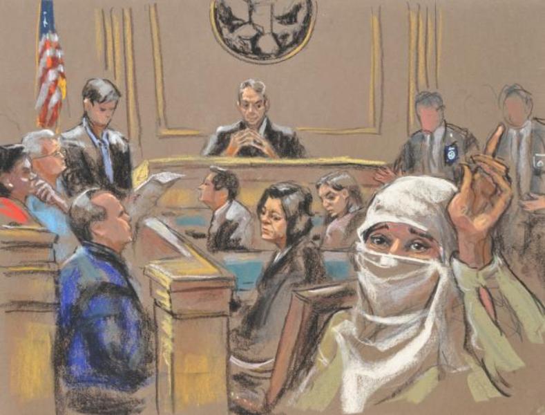 In this sketch of Aafia Siddiqui's trial in 2010, Aafia is interrupting in the courtroom
