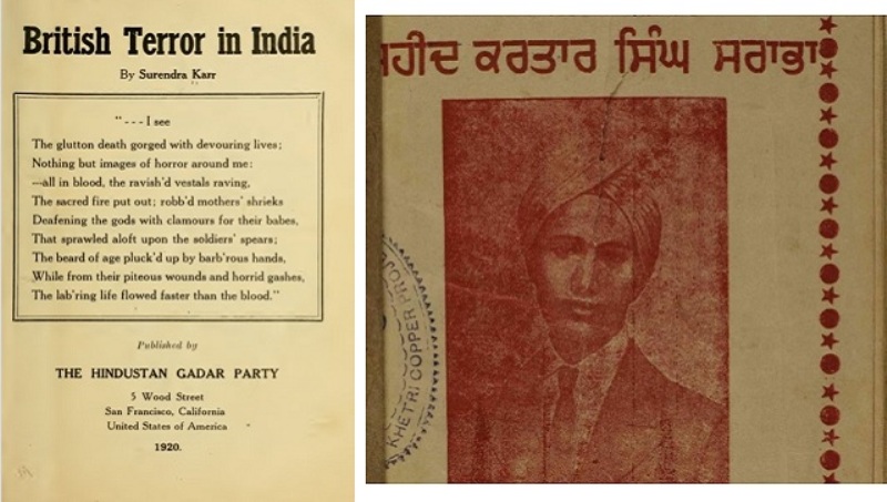 (L) A booklet published of the Ghadar newspaper in 1920; (R) A book cover featuring Sarabha’s portrait