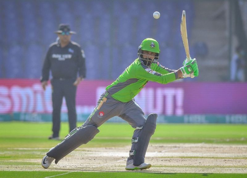 Mohammad Hafeez playing a shot during a PSL match on 26 February 2021