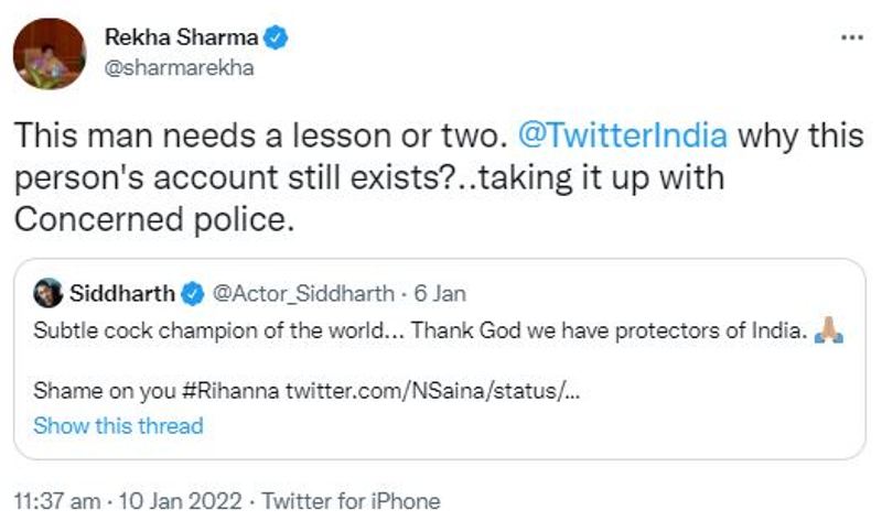 NCW Chairperson Rekha Sharma's tweet about actor Siddharth in which she demanded action against him over his controversial tweet to Saina Nehwal