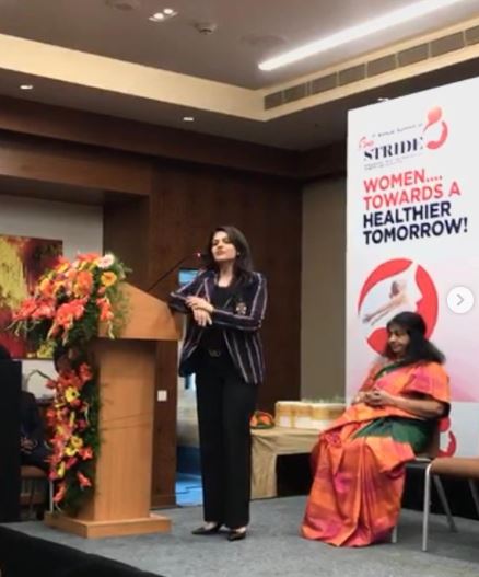 Namita Thapar speaking at a women’s health conference in Hyderabad