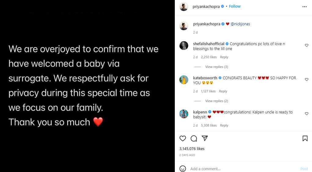 Priyanka Chopra's Instagram post about her first surrogate child