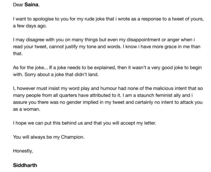 Siddharth's apology letter to Saina Nehwal
