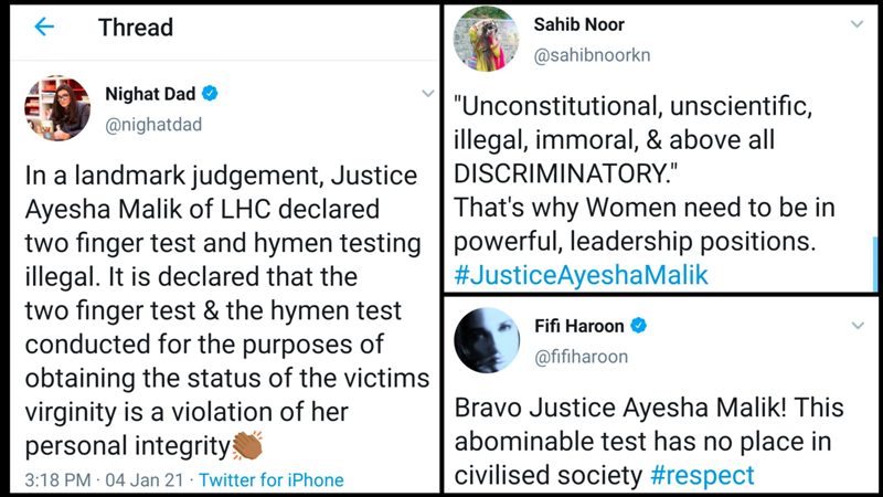 Social media posts hailing Justice Ayesha Malik's verdict to ban two finger test