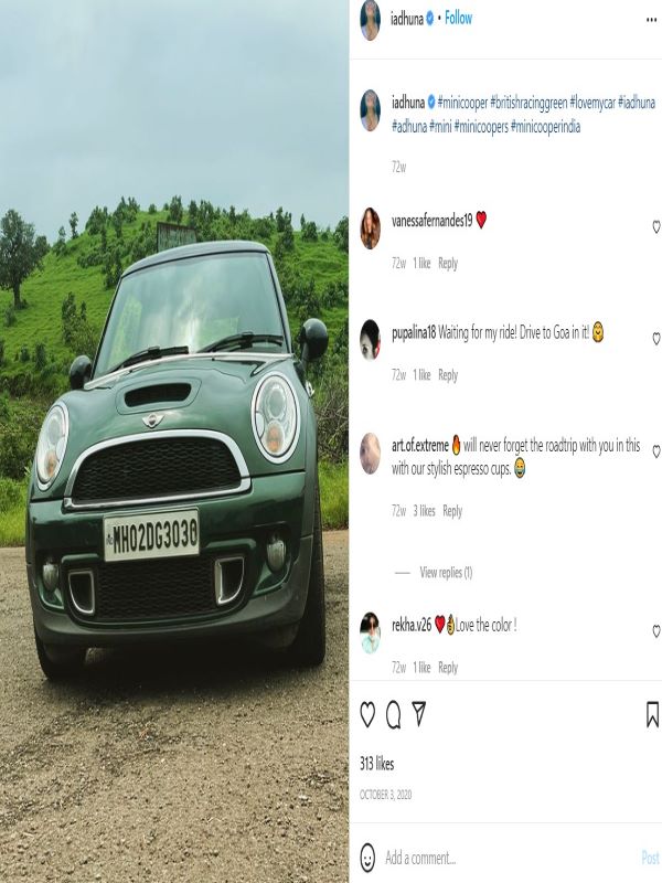 A picture of her Minicooper posted by Adhuna on her Instagram account
