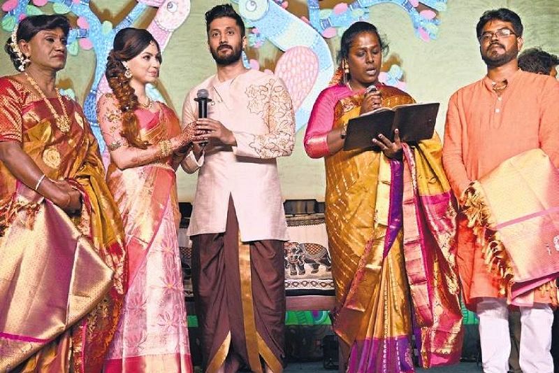 Chetan Kumar and Megha at Bengaluru's Vinoba Bhave Ashram taking vows led by the Indian transgender activist, Akkai Padmashali