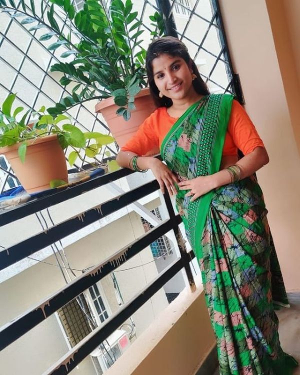 Indravathi Chauhan posing in a green saree
