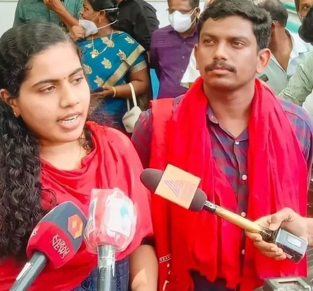K.M. Sachin Dev with Arya Rajendran during a protest done by Students Federation of India (SFI)
