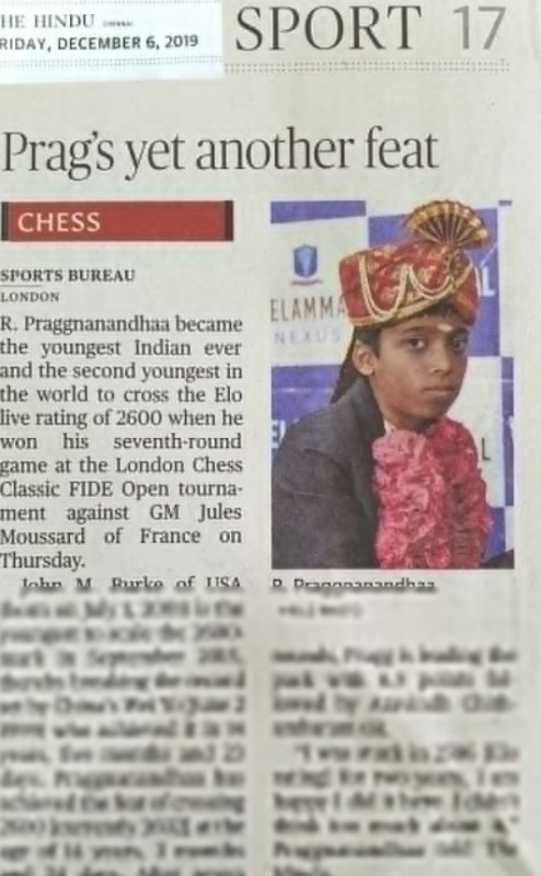 Rameshbabu Praggnanandhaa in a newspaper article