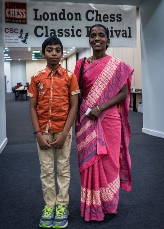 Rameshbabu Praggnanandhaa with his mother on a world championship tour