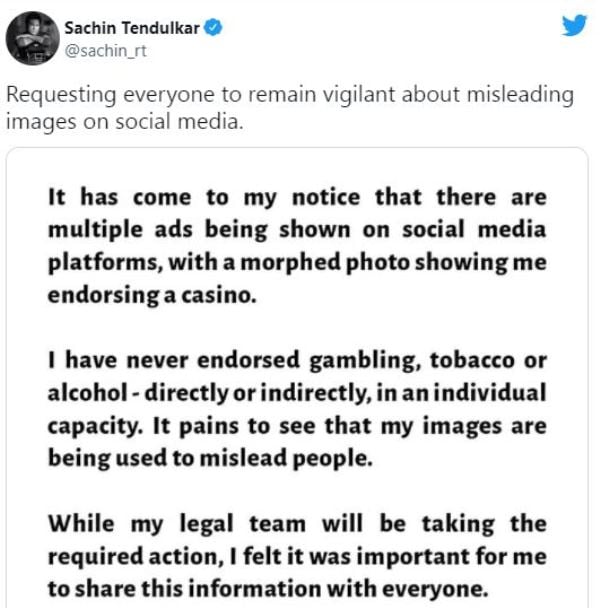 Sachin Tendulkar's tweet about his morphed image used by a casino