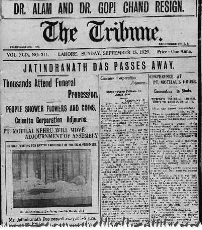 A snip of the news published by The Tribune after the death of Jatin Nath Das in 1929