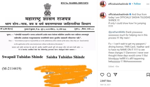 An Instagram post of Saisha Shinde
