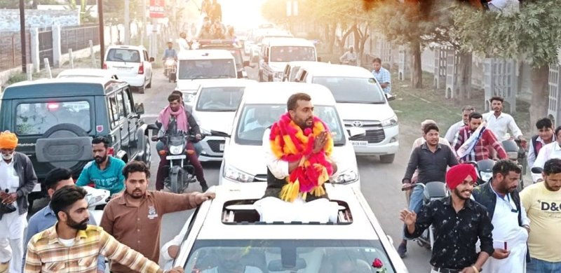 Jagdeep Kamboj celebrating his victory in the 2022 Punjab Assembly elections with a roadshow