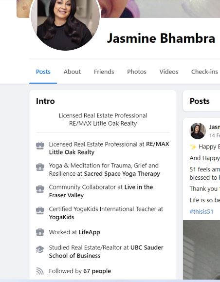 Jasmine Bhambra's Facebook snip showing her education