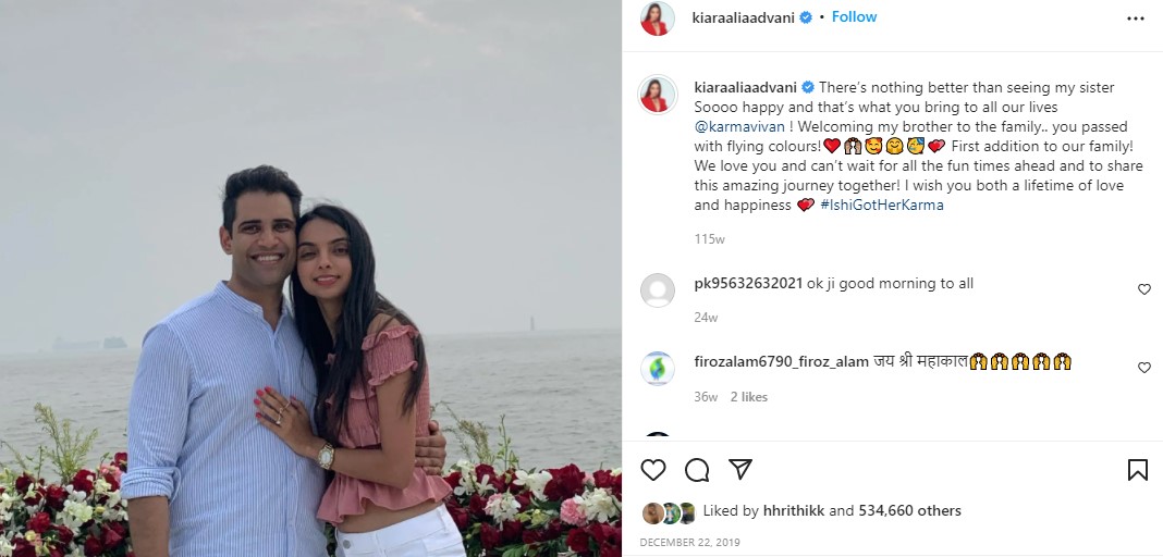Kiara Advani's Instagram post about Karma's engagement