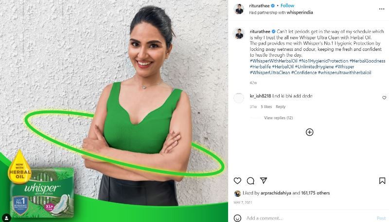 Ritu Rathee Taneja's Instagram post promoting Whisper sanitary pads