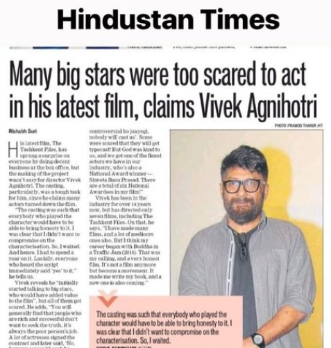 Vivek Agnihotri in a newspaper article