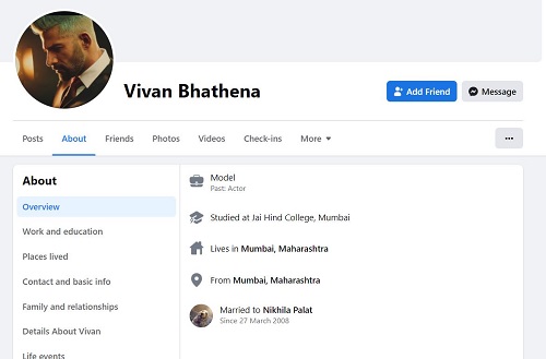 A snip of Vivan Bhatena's Facebook account