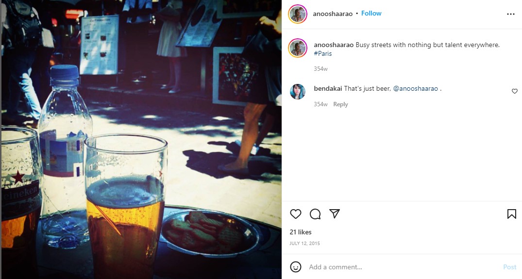 Anusha Rao's Instagram post about her drinking habits