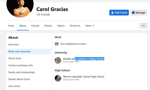 Carol Gracias's Facebook bio